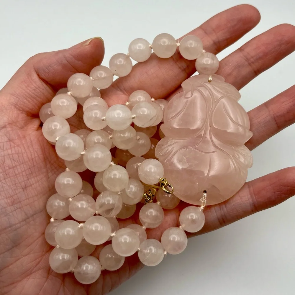 Vintage Chinese Rose Quartz Hand Knotted Mala Lotus Necklace - Picture 2 of 8